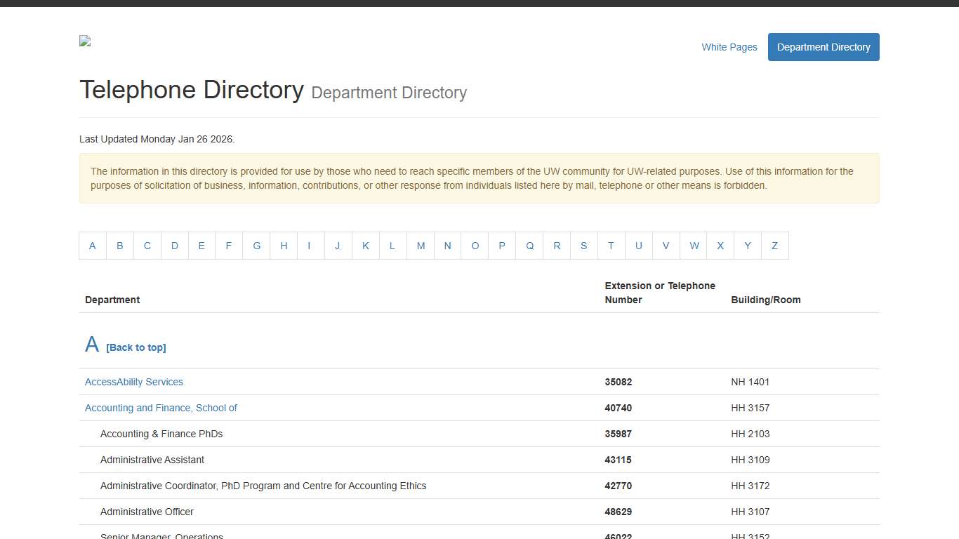 University of Waterloo, Departmental Telephone Directory